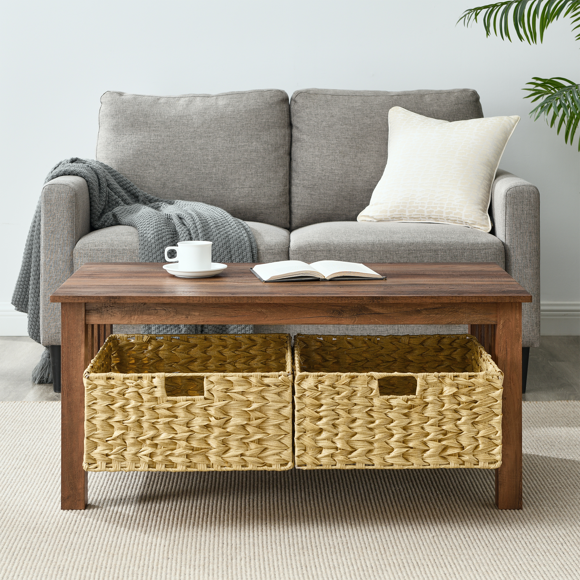 Woven Paths Farmhouse Mission Rectangle Coffee Table with Baskets, Reclaimed Barnwood