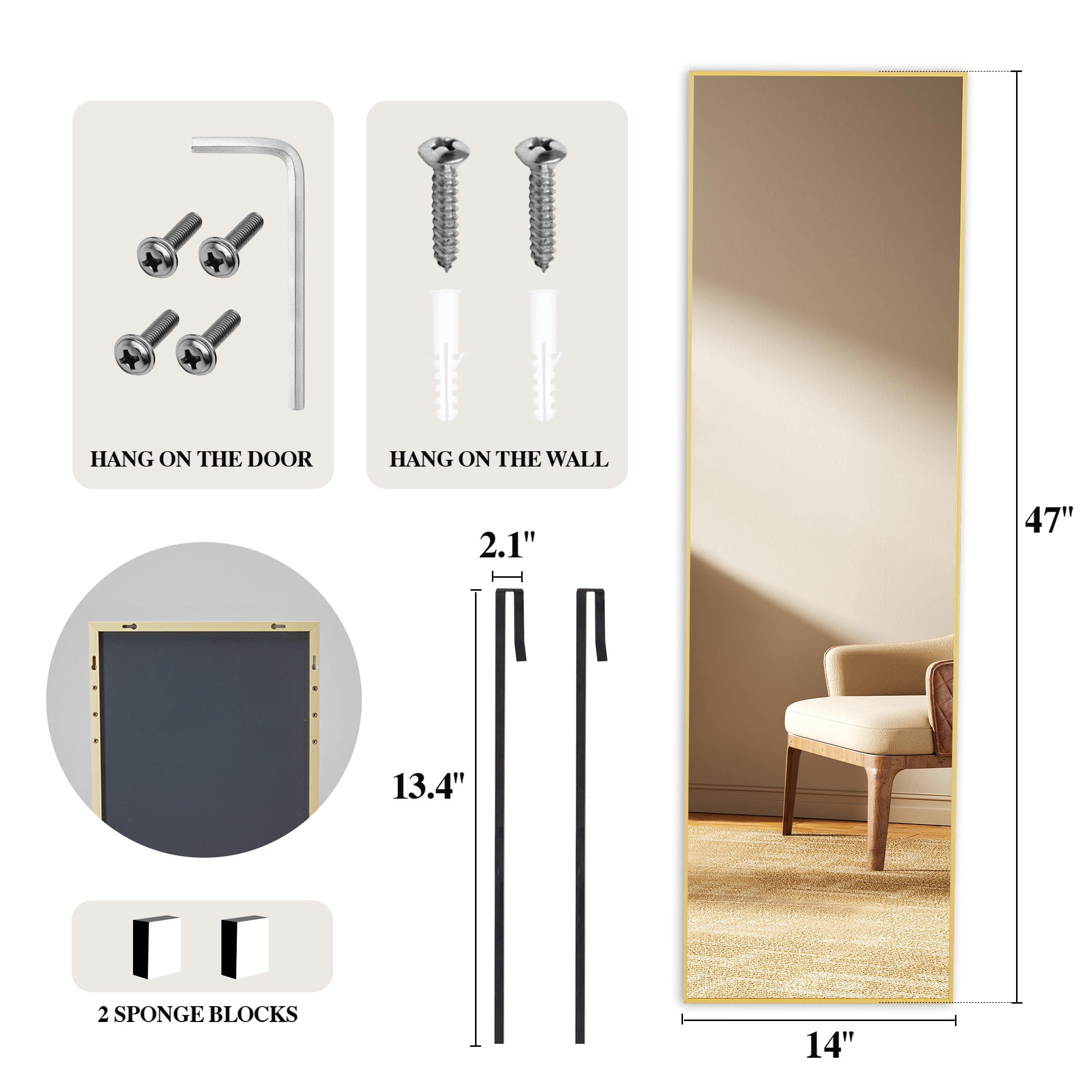 EDX 47''x14'' Door Hanging Mirror Rectangle Full Body Length, Wall Mounted Aluminum Alloy Frame Dressing Make-up Mirror, Space-Saving for Entryway Bedroom Bathroom Living Room Gold