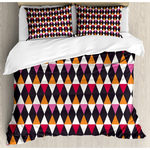 Geometric Duvet Cover Set Queen Size, Rhombus Shapes with Vintage Inspired Palette Ornamental and Geometric Elements, Decorative 3 Piece Bedding Set with 2 Pillow Shams, Multicolor, by Ambesonne