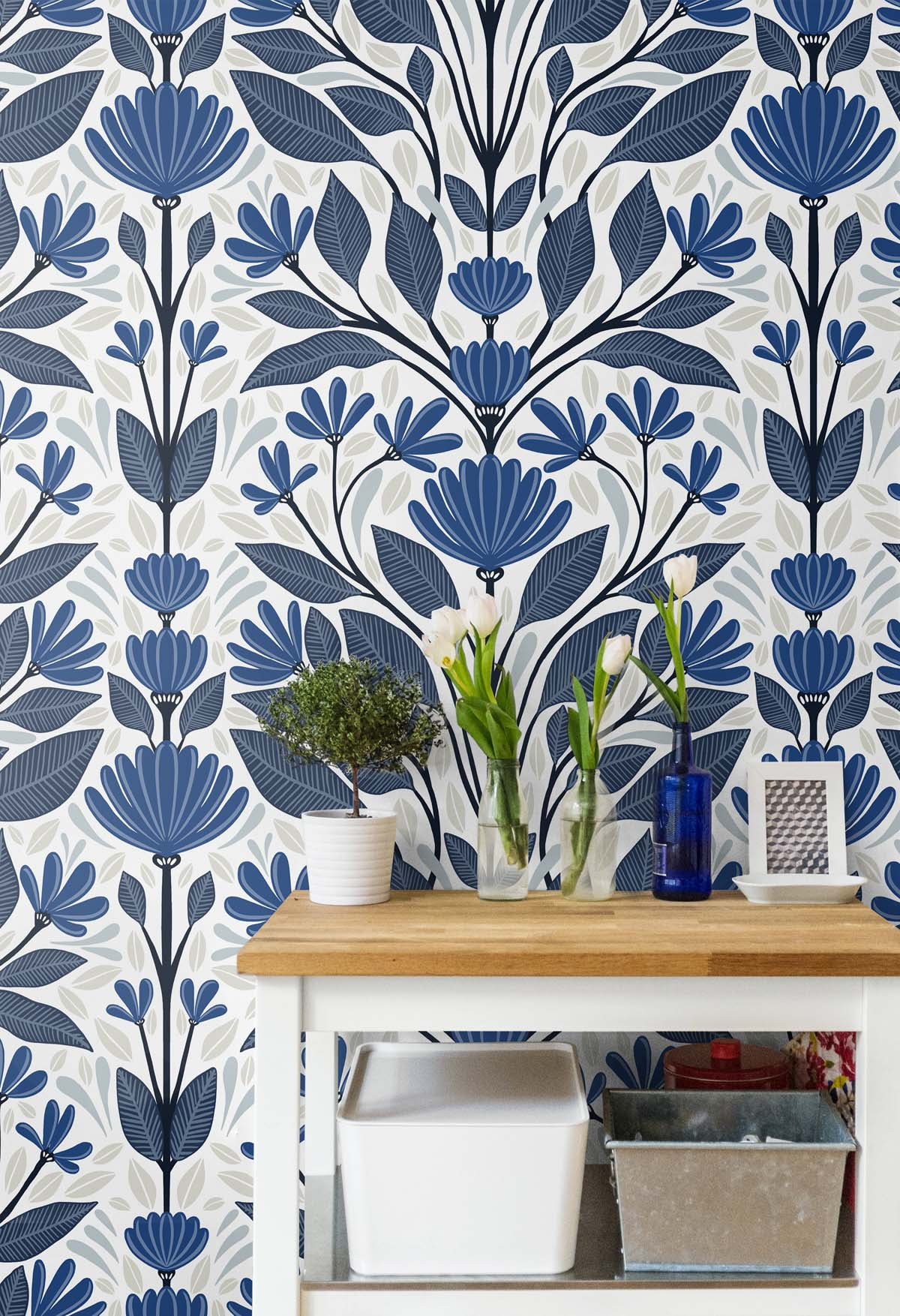 NextWall  Folk Floral Peel and Stick Wallpaper 20.5 in. W x 18 ft. L - Blue Sapphire & Pavestone