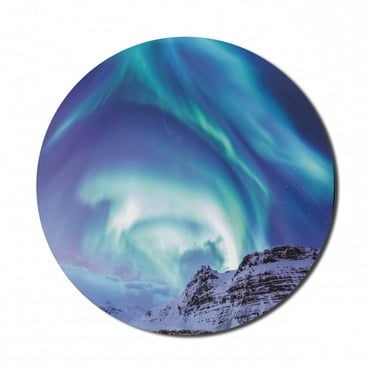 Winter Mouse Pad for Computers, Aurora Borealis Kirkjufell Iceland Natural Phenomenon Northen Environment, Round Non-Slip Thick Rubber Modern Mousepad, 8" Round, Blue Sea Green Lilac, by Ambesonne