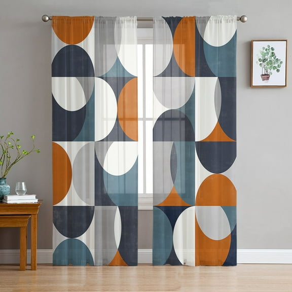 Contemporary Orange, Sheer Curtains 96 Inches Long 2 Panels Set, Window Sheer Curtains for Living Room/Bedroom, Middle Century Abstract Geomrtry Light Filtering Rod Pocket Curtain 52'' x 96'' x 2