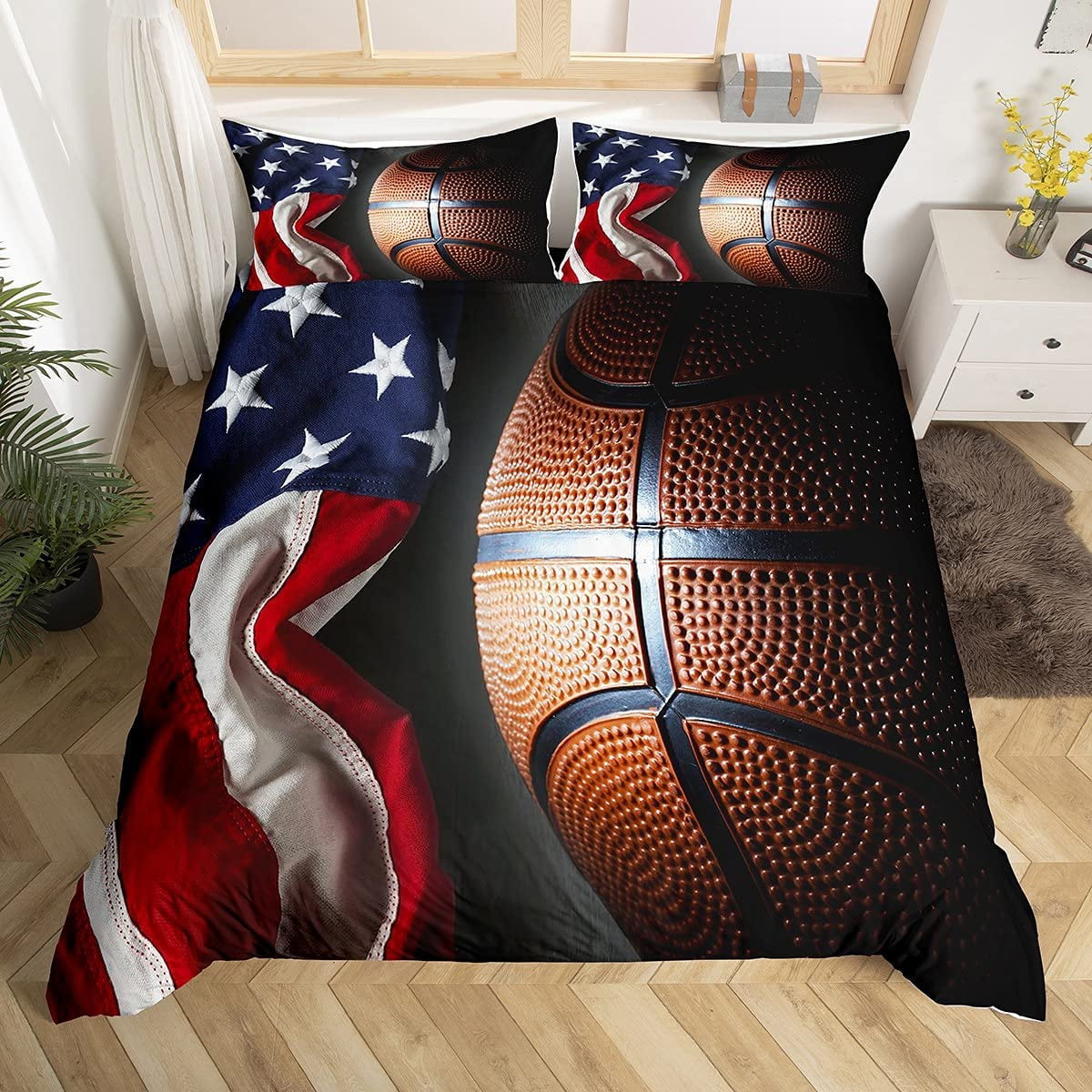 Boys Basketball Duvet Cover Black Ball Pattern Sports Theme Bedding