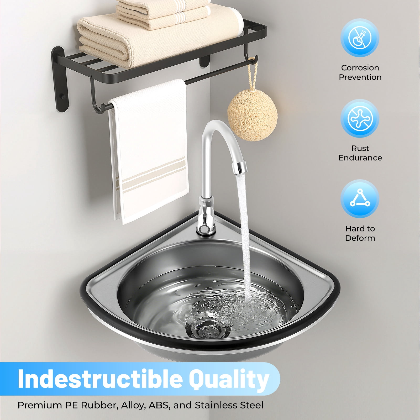 Stainless Steel Wall-Mounted Single Bowl Sink, Triangle Wash Basin Thick Small Sink Corner With Faucet And Drain Kit, For Kitchen Bathroom Lavatory Bar Laundry