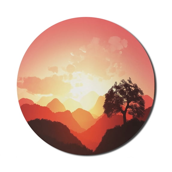 Mystic Mouse Pad for Computers, Oriental Sunset View with Tree and Mountains Mystique Hills, Round Non-Slip Thick Rubber Modern Gaming Mousepad, 8" Round, Coral Orange Dark Brown, by Ambesonne