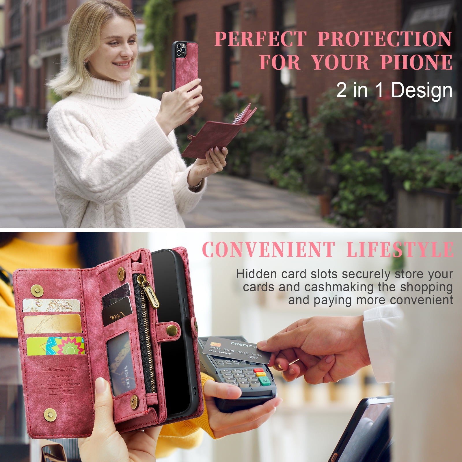 Feishell Durable 2-In-1 Magnetic Detachable Wallet Case for iPhone 12 Pro Max,for Women Men,Premium PU Leather Zipper Pocket Flip Multi Card Slots Purse Phone Case with Wrist Strap,Red