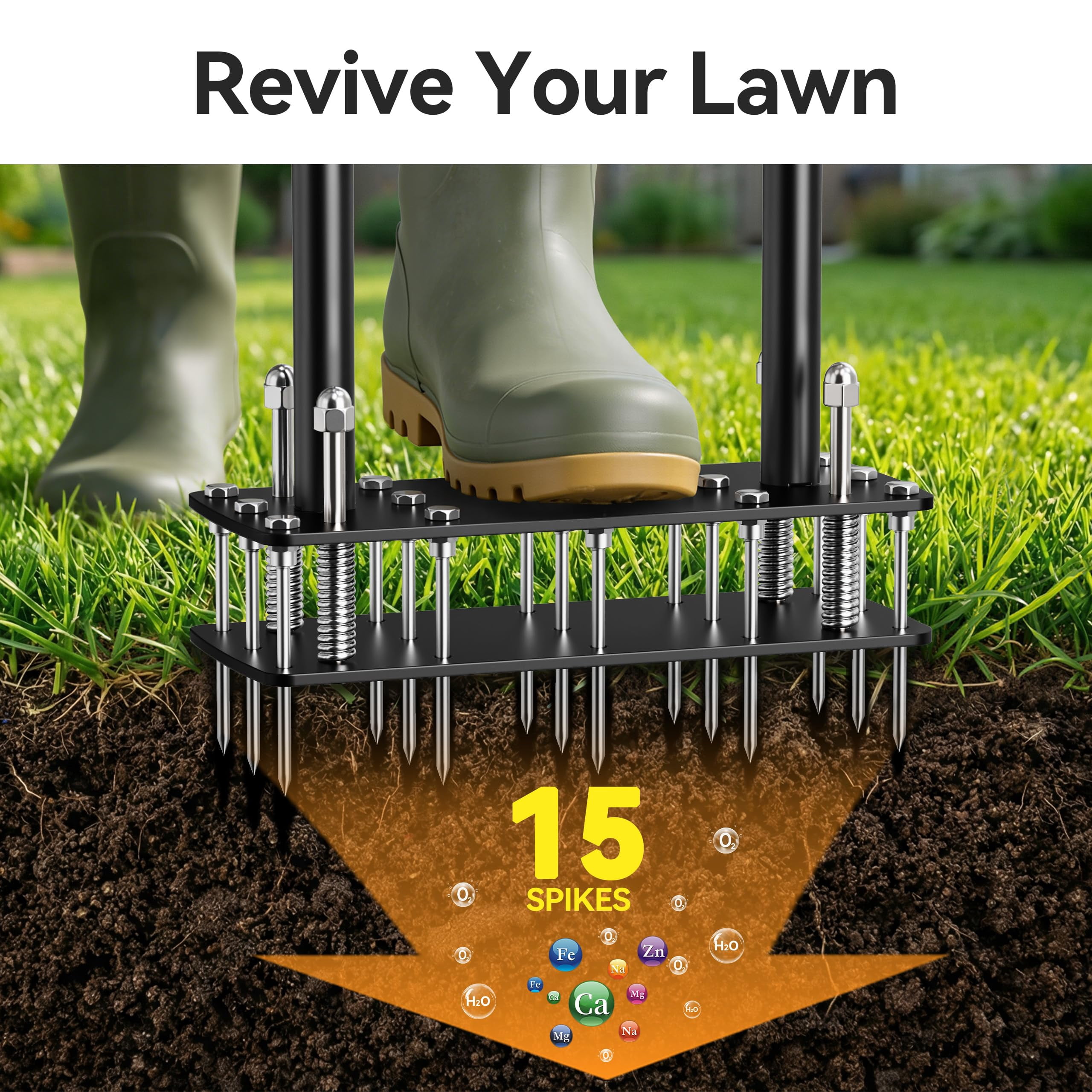 Knee-friendly Manual Lawn Aerator Tool - 15 Heavy-duty Steel Spikes Spring-loaded Auto-clean Design  Pre-assembled For Soil Loosening & Garden/yard Aeration