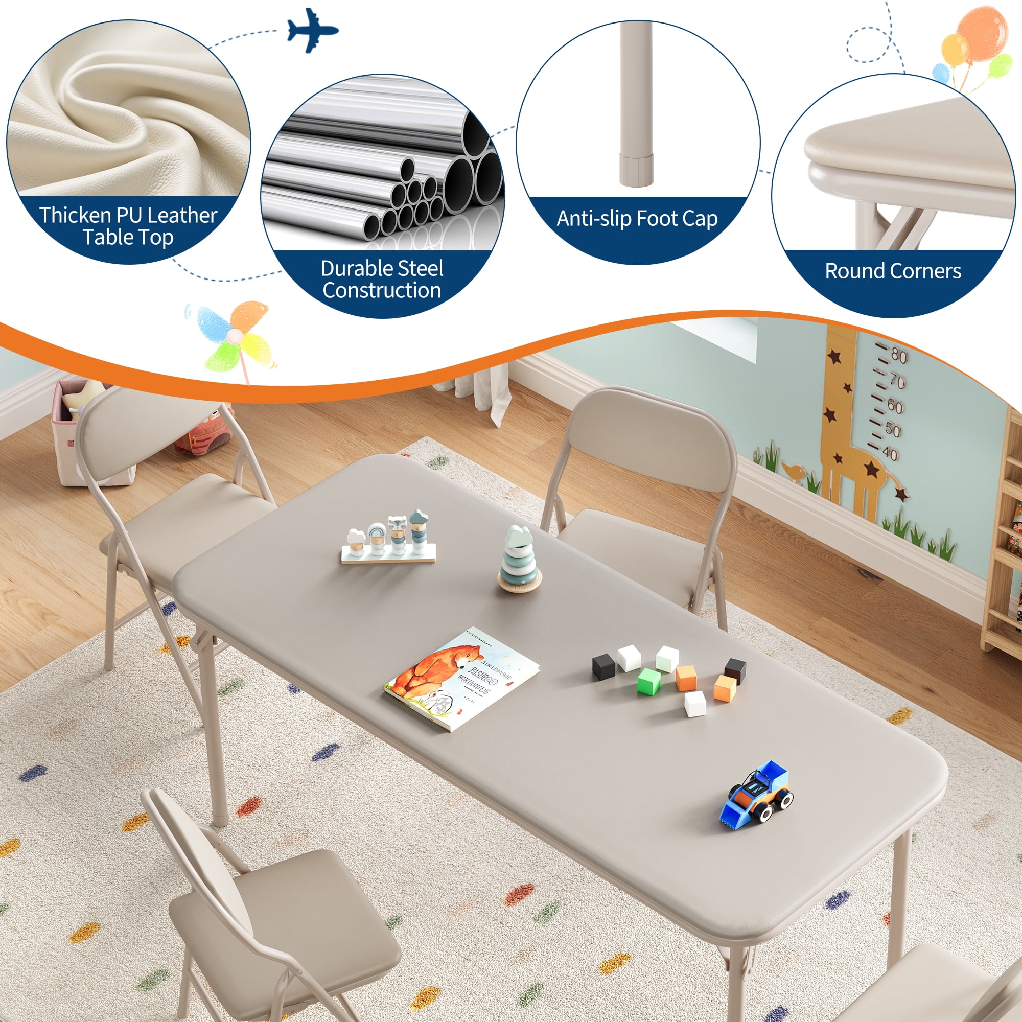Towallmark 5-Piece Kids Activity Table and Chair Set, Folding Preschool Furniture, Collapsible for Study Room, Dining Room, Daycare, Beige