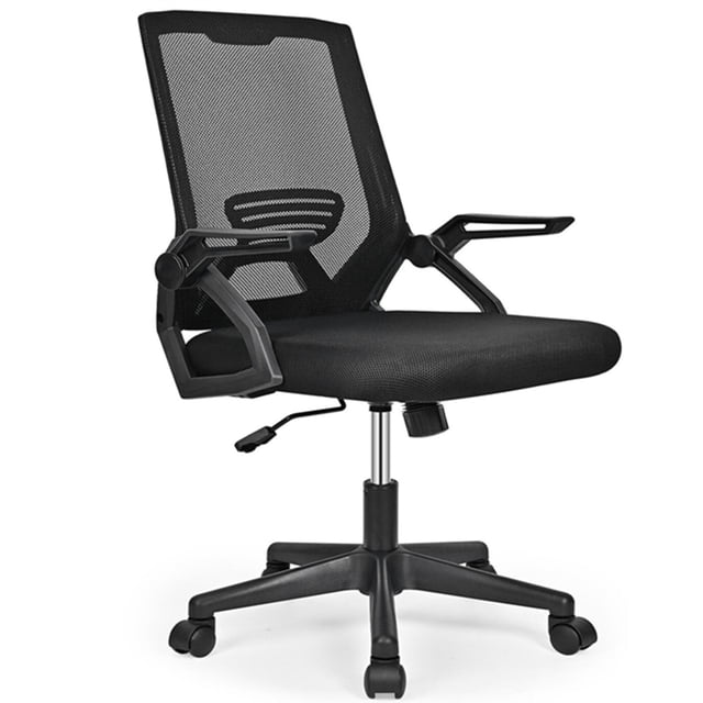 Flip-up Arms Office Desk Chair, Height Adjustable Mesh Executive Swivel Computer Task Chair with Lumbar Support, Black. This ergonomic office chair features a breathable mesh back with lumbar support, a cushioned seat, and flip-up armrests for space-saving convenience. The chair includes a height-adjustable mechanism with a Class 3 gas lift, a recline and lock function (90°-120°), and smooth casters for easy mobility. Designed with a sturdy base, it supports up to 275 lbs and is ideal for office or home use.