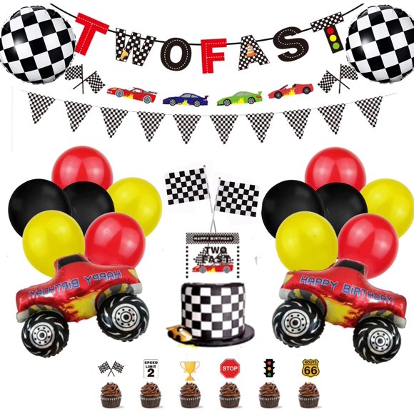 48 Pcs Two Fast Birthday Party Supplies Monster Truck Balloons 2nd Racing Car Theme Decoration Sets Checkered Banner Flags Balloons and Cake Toppers for Kids