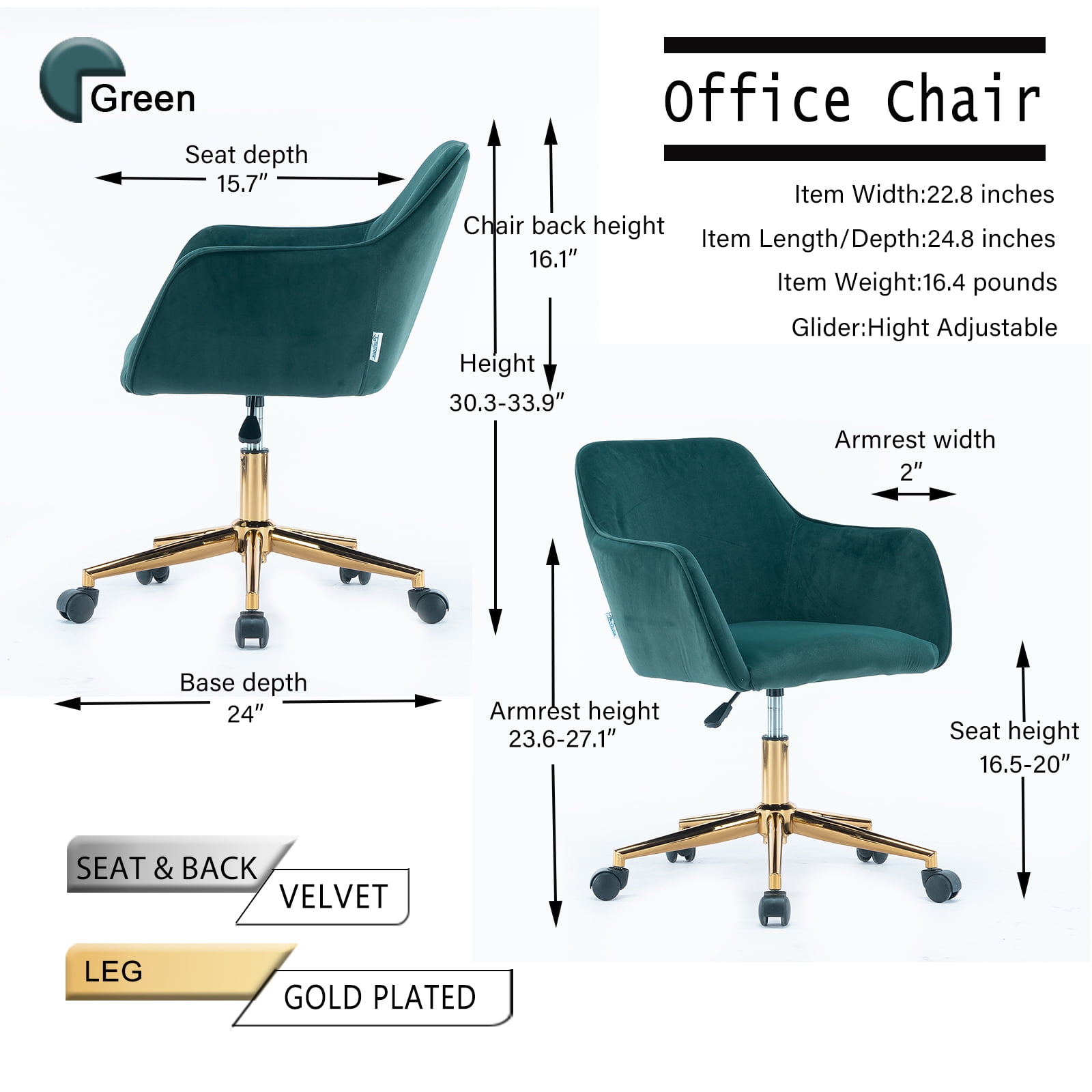 AVAWING Modern Velvet Home Office Computer Desk Task Chair W/Wheels  Mid-Back Adjustable Swivel with Arms Green Chair 