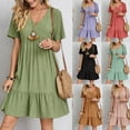 thumbnail image 2 of 2025 Loose V-neck Short Sleeved Pleated Women Dress Solid Color A-line Beach Dresses Elegant Simple Comfortable Woman Clothing, 2 of 9