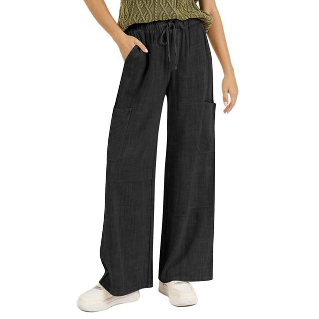 Plebaso Wide Leg Pants Womens Loose Drawstring Casual Pants Lightweight Plain Trousers with Pockets