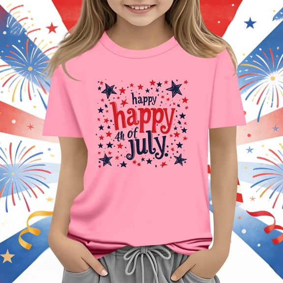 Amidoa Girls Short Sleeve Graphic Summer Crewneck Independence Day T Shirts Kids Casual Tops Pink Size 4T