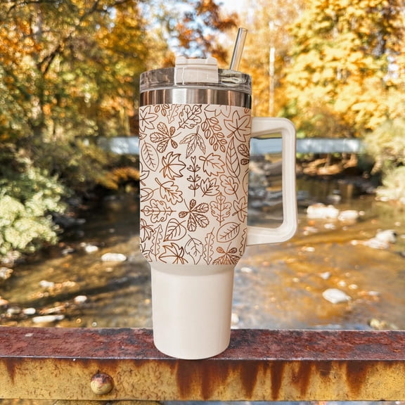 Neutral Pumpkin Floral Handle Tumbler 40oz with Lid and Reusable Straw, Stainless Steel Insulated Travel Mug for Hot and Cold Drinks, Cup Holder Friendly Gift for Women Men, Home Work Travel