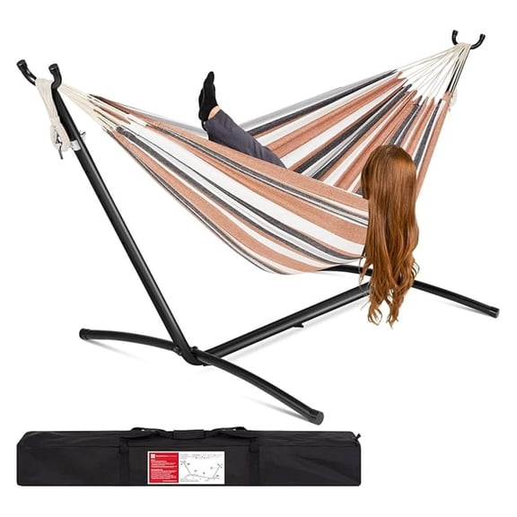 Yunken Double Hammock with Steel Stand, Brazilian-Style Cotton 2-Person Bed with Carrying Bag - Desert Stripes