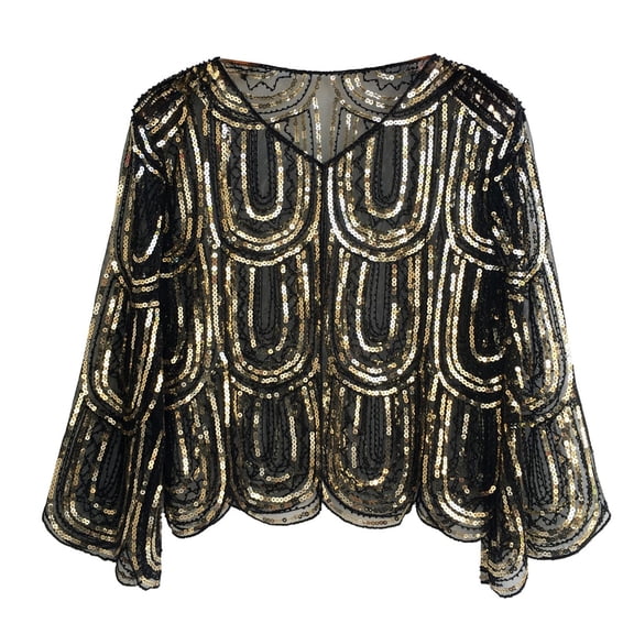 HNMKIU Wraps 1920s Art Deco Sequin Beaded Flapper Shawl Wrap Wedding Cape Evening Party Cover Up For Women Gold,One Size