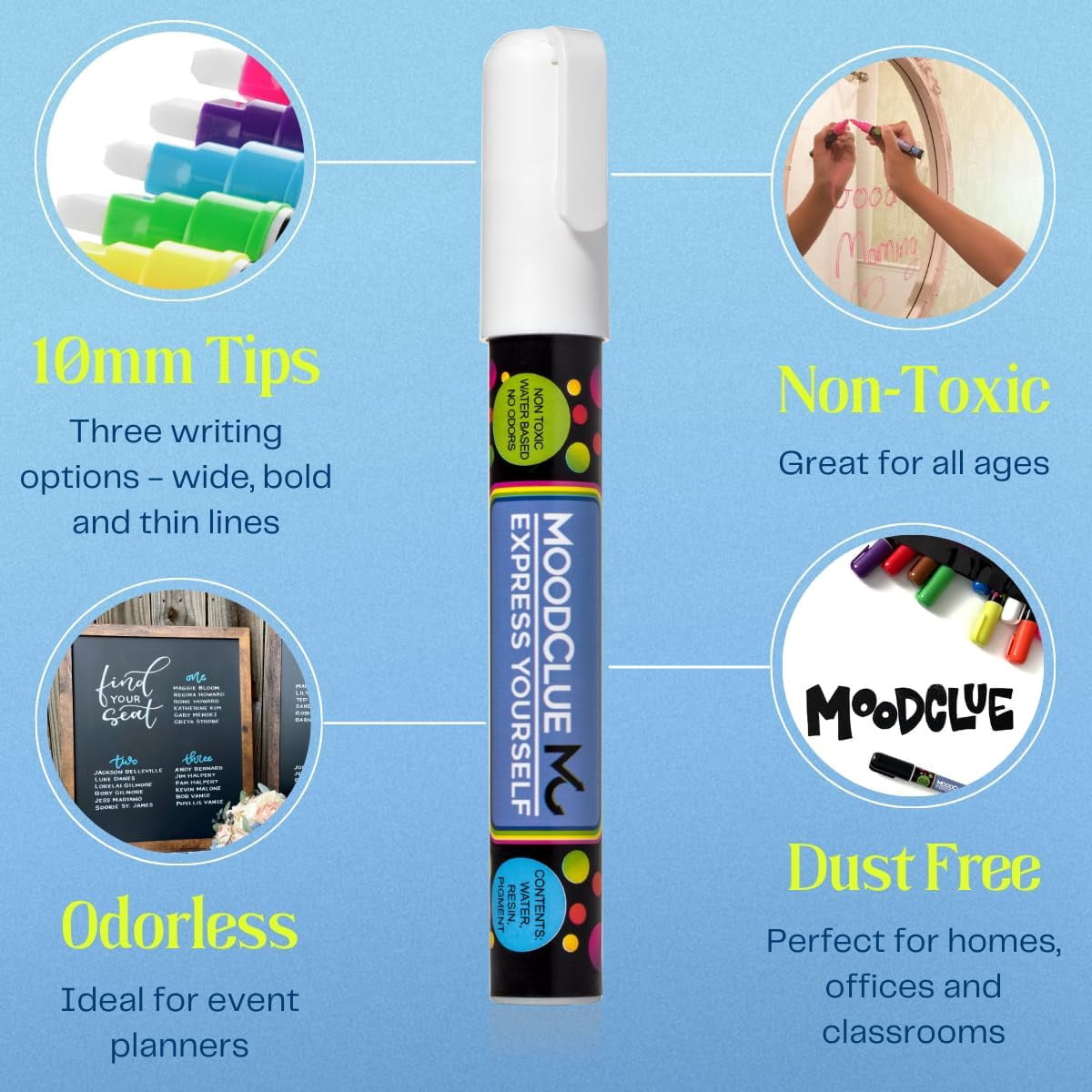 MoodClue Car Window, Glass Marker Pens. Bold Liquid Chalk for Auto Windshields, Mirrors, White + LED Boards. Washable, Erasable. Neon 8pk. 10mm Jumbo Tip - 3 Writing Options.