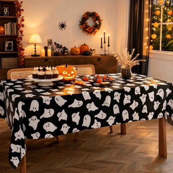2pcs Halloween Disposable Tablecloth, Plastic Party Table Covers with Spooky Printed Patterns for Dining Table, Buffet, Catering, Celebration, and Seasonal Decor, 108*54in, Black