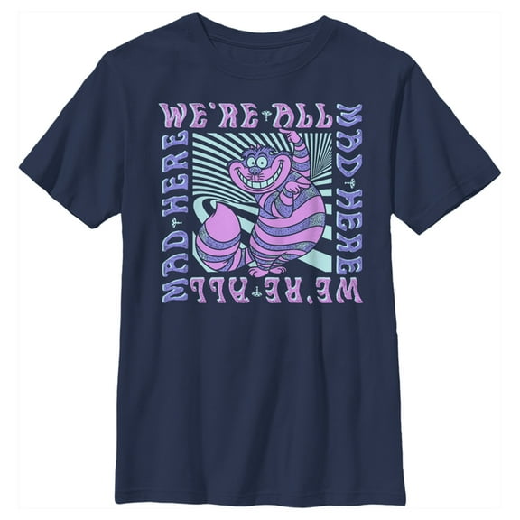 Boy's Alice in Wonderland We're All Mad Here Trippy Graphic Tee Navy Blue Medium