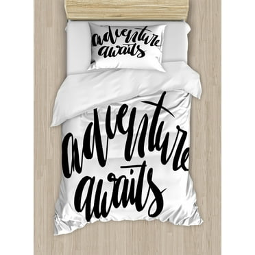 Adventure Awaits Duvet Cover Set Twin Size, Monochromatic Graphic of Cursive Hand Written Motivation Text, Decorative 2 Piece Bedding Set with 1 Pillow Sham, Charcoal Grey and White, by Ambesonne