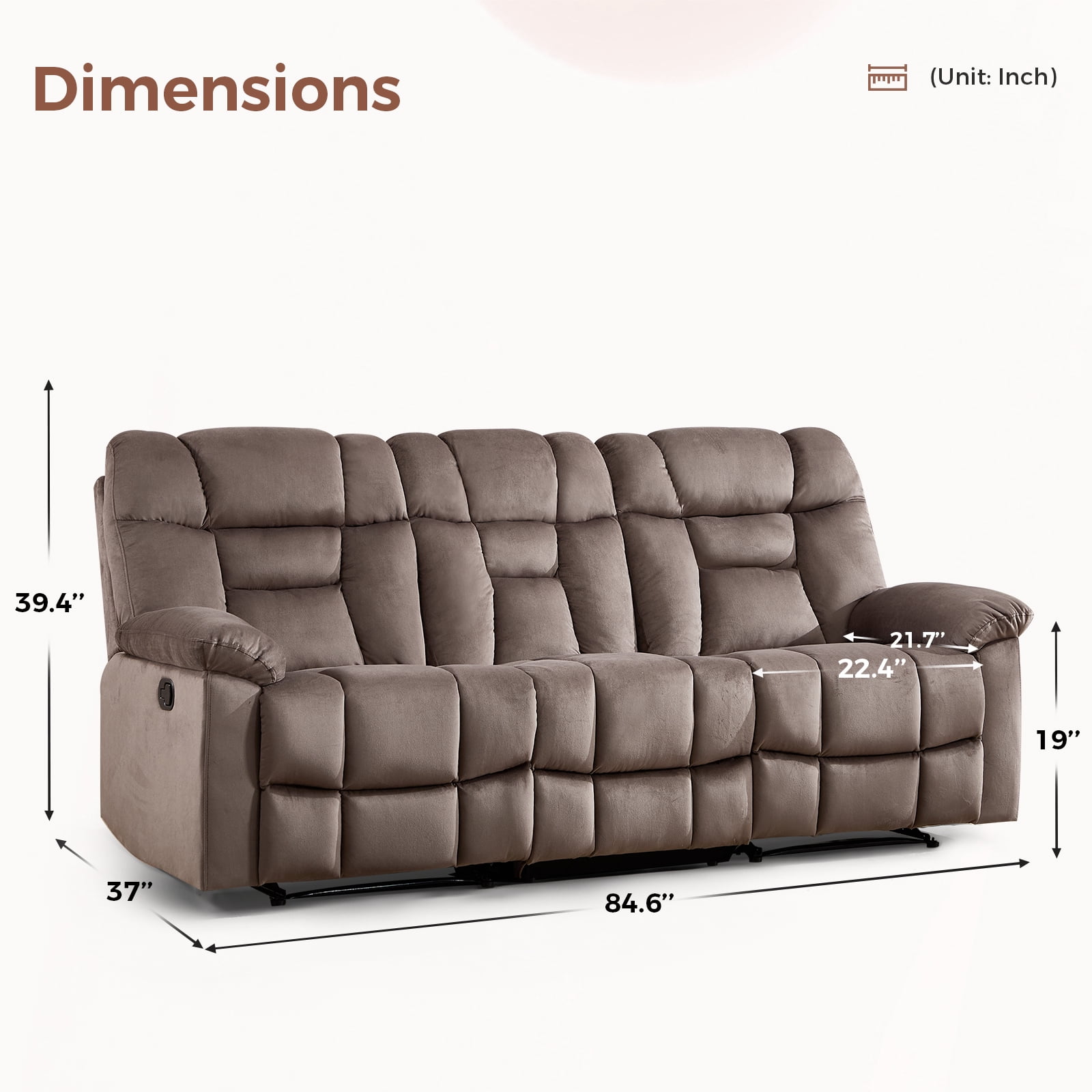 Bonzy Home 3 Seat Reclining Sofa, Manual Recliner Couch for Living Room Wide Backrests & Headrests, Brown