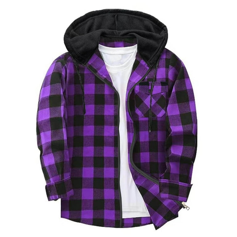 Men's Flannel Hoodie Shirts Casual Zip up Plaid Shirt Jackets for
