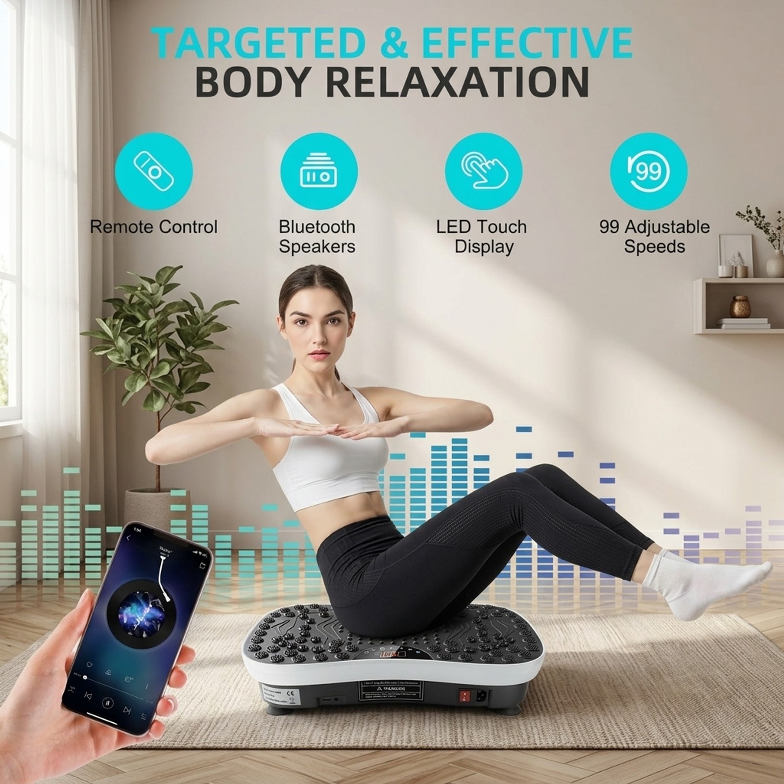 Fenbeli Vibration Plate Exercise Machine, 99 Speeds, Bluetooth Speaker, Remote Control and Resistance Bands, 400 lb Capacity, Black