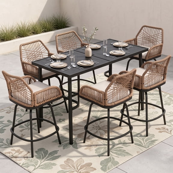 Nuu Garden Outdoor 7-Piece Bar Set with Beige Cushions, Diamond-Patterned Top and Umbrella Hole, Twisted Rattan Swivel Chairs, Brown and Black