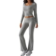 thumbnail image 4 of 2 Piece Square Neck Lounge Set Womens Wide Leg Pants Slightly Crop Top Sweatsuit Sets Flower Gray M, 4 of 9