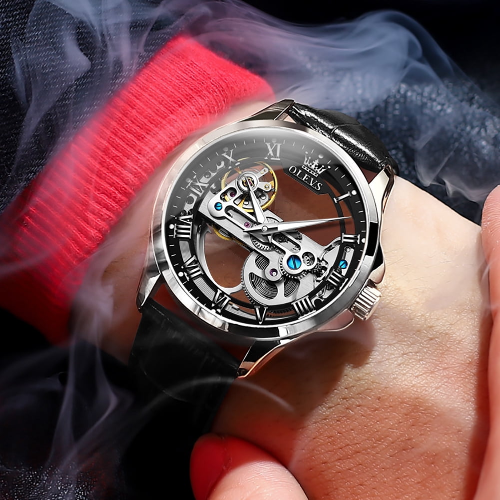 OLEVS Automatic Watches for Men Skeleton Black Leather Band Large Face Self Winding Mechanical Mens Dress Watches Waterproof Easy to Read Luminous Business Casual Mens Wrist Watches Reloj Para Hombre