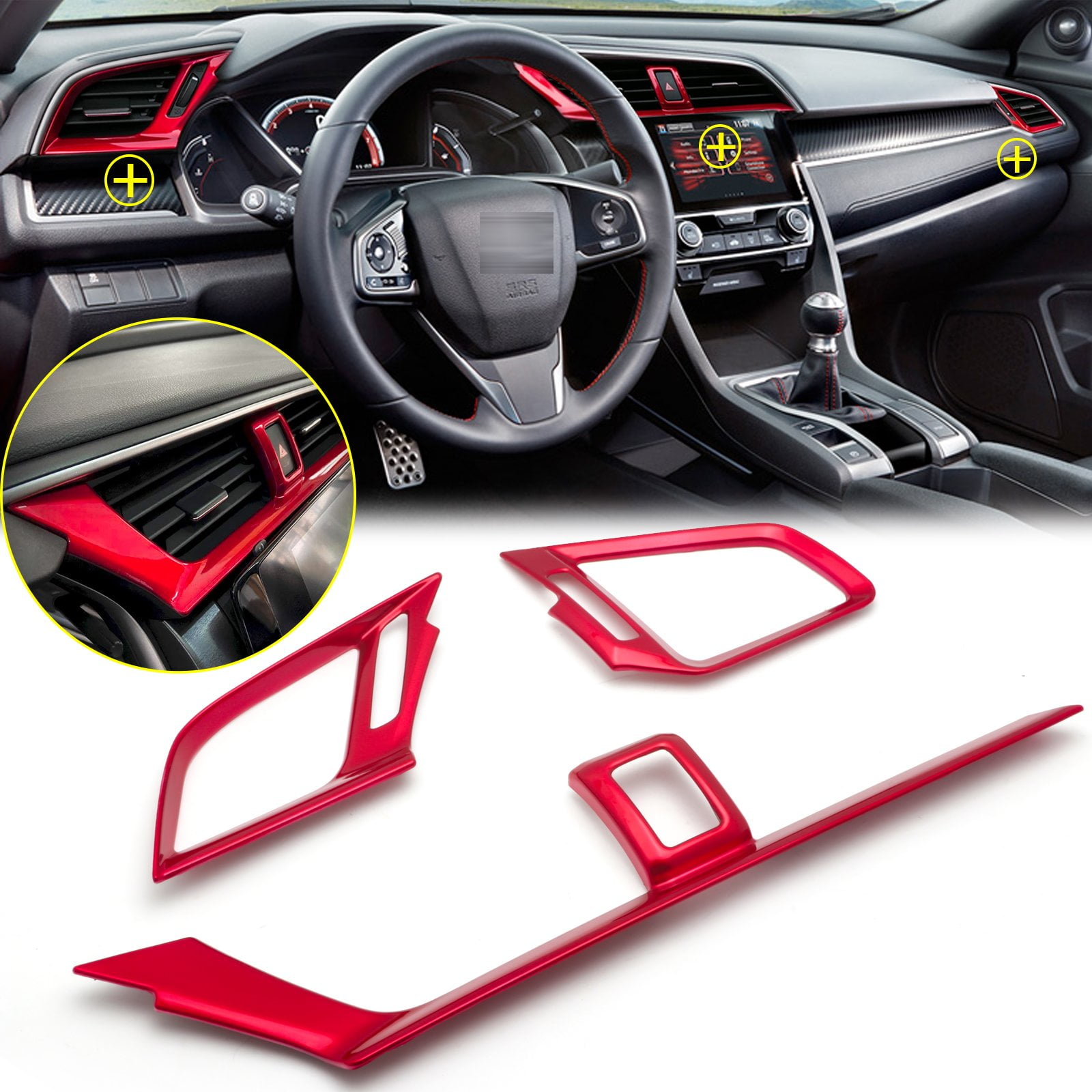 Xotic Tech RED Interior Front Dashboard AC Air Vent Outlet Cover Trim Frame Panel Decoration 3pcs kit for Honda Civic 10th Gen 2016 2017 2018 2019 2020 