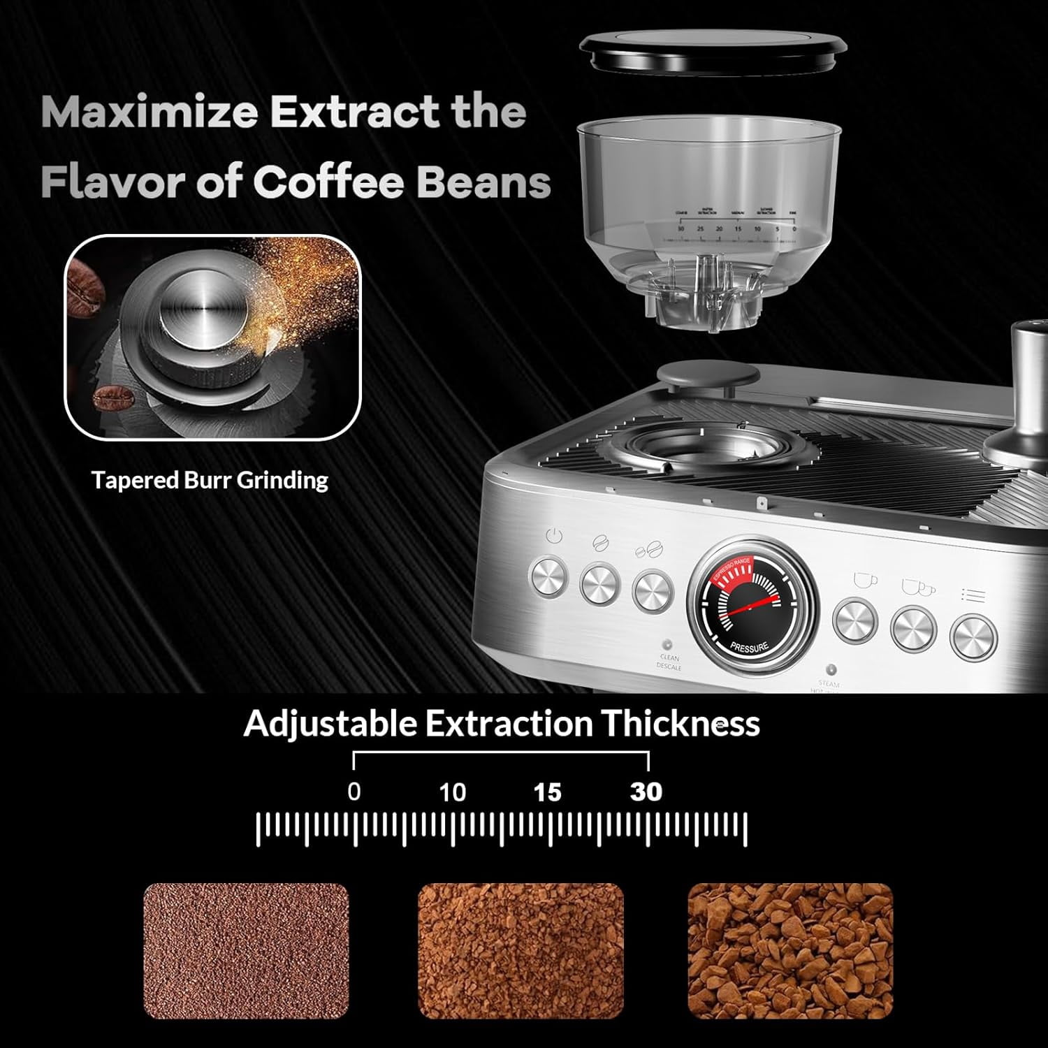 Professional Espresso Machine with Grinder - 20 Bar Semi-Automatic Coffee Maker with Milk Frother and Steamer Wand for Latte, Cappuccino, Macchiato, 95-Ounce Water Tank, PID Temperature Control