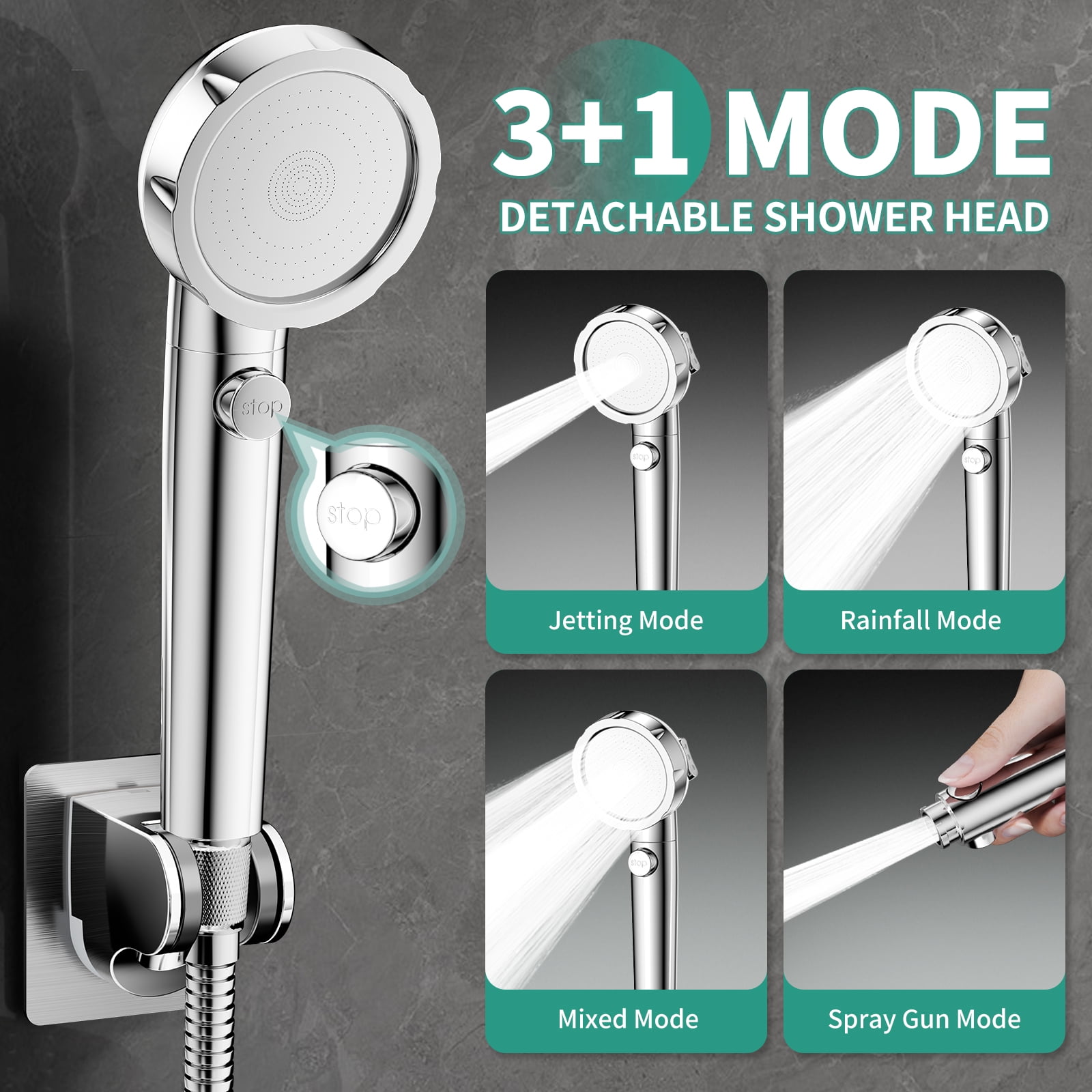 KAIYING Bathtub Faucet with Sprayer, Filtered 3-Mode Shower Head with ON/OFF Button, Metal Tub Tap Attachment Includes 3 Adapters, Shower Head for Tub Faucet (Chrome)