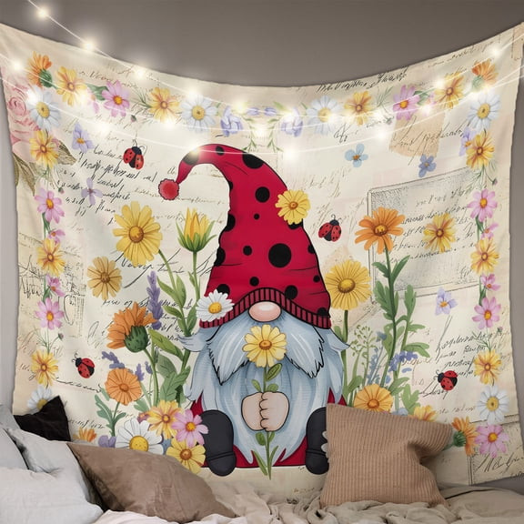 Farmhouse Gnomes Tapestry for Bedroom Wall Hanging Tapestry, Vintage Pastoral Daisy Floral Country Ceiling Backdrop Tapestries Poster Blanket Wall Decor for Teens Room Living Room Dorm 59" x 79"
