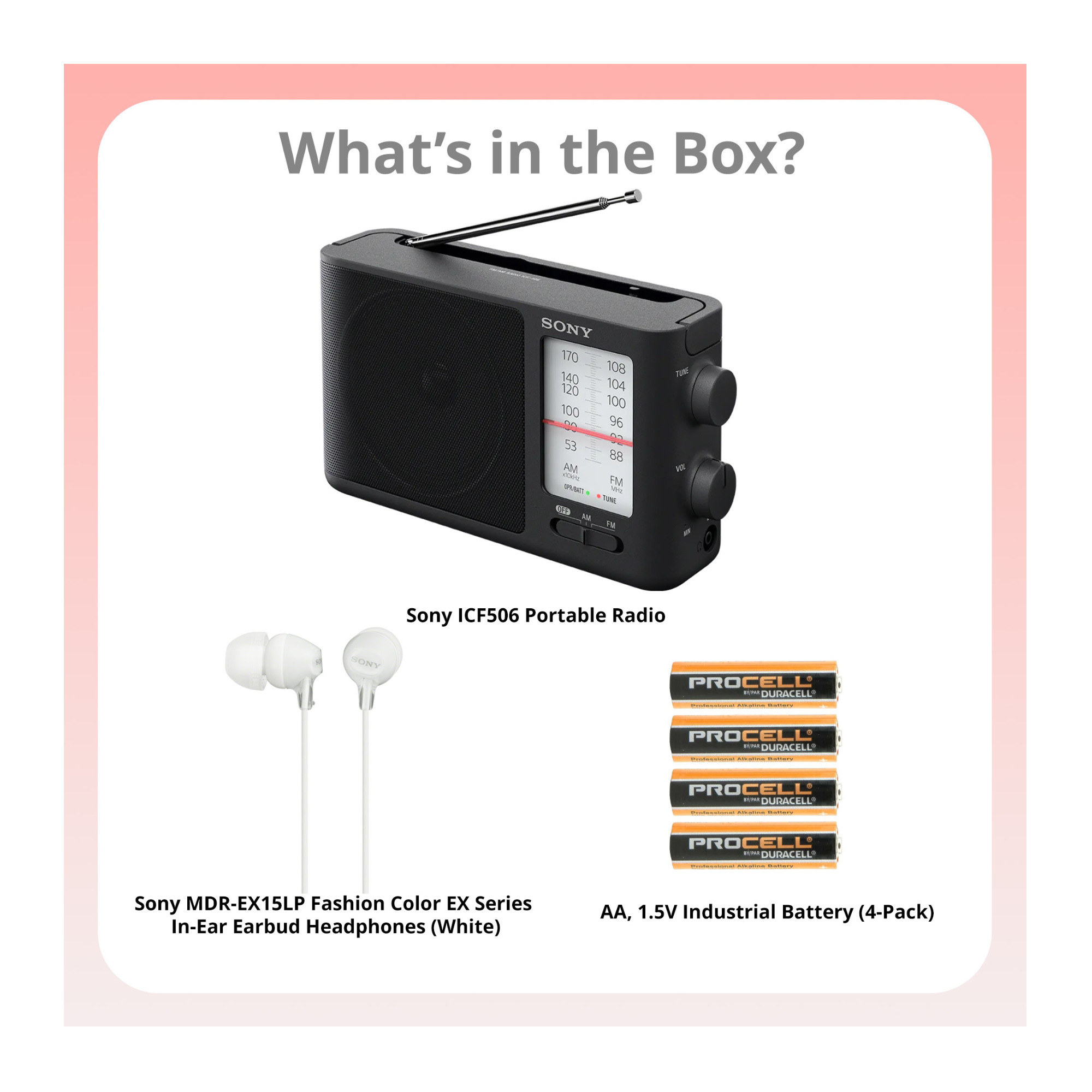 Sony ICF506 Portable Radio with AA (4-pack) with Wired In-Ear Earbud Headphones and Radio Accessory Bundle (3 Items)