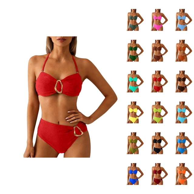Bikinis for Women 2026 Fashionable Metal Buckle Adjustable Straps Top with High Waisted Bottom Two Piece Bathing Suits Woman