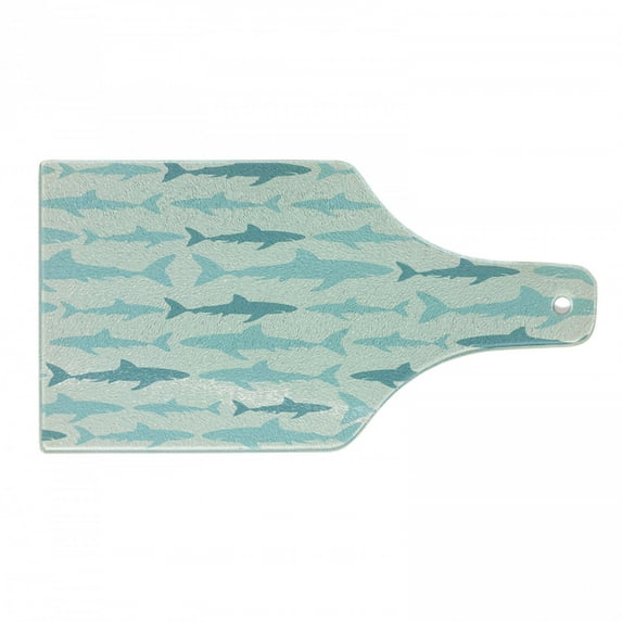 Sea Animals Cutting Board, Monochrome Shark Illustration Fashion Maritime Illustration Aquatics, Tempered Glass Cutting and Serving Board, Wine Bottle Shape, Turquoise Beige Teal, by Ambesonne
