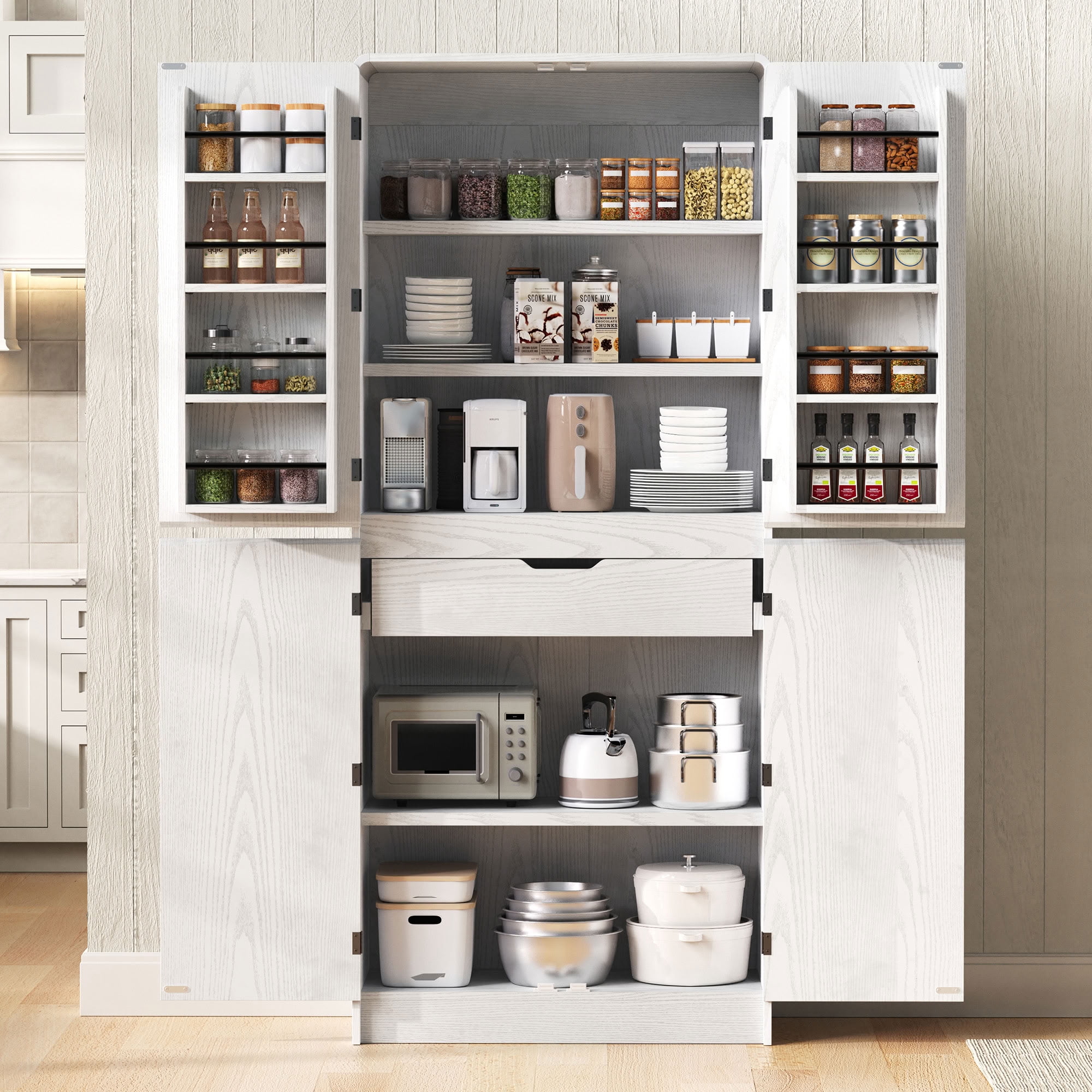 MAYEERTY 72" Farmhouse Kitchen Pantry Cabinet with Adjustable Shelves & Hidden Drawer Storage Cabinet for Kitchen Dining Bathroom