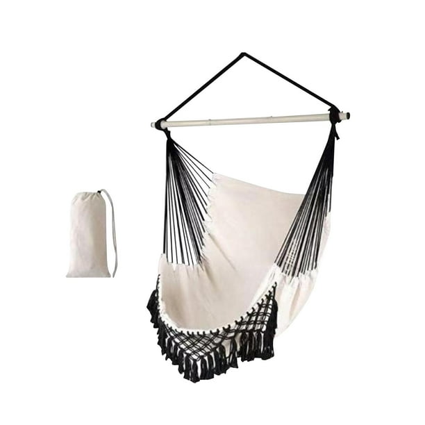 Hamaca Silla Columpio de cuerda colgante 100 cm x 130 cm Máx. 120 kg con bolsa de almacenamiento Columpio colgante para balcón Sala de estar Columpio beis negro