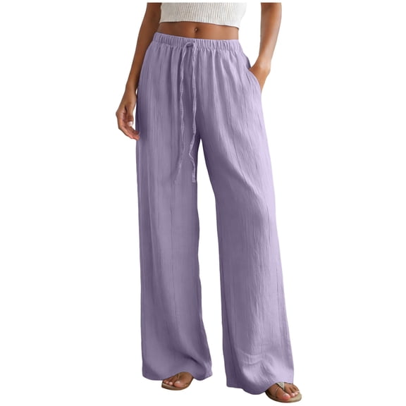 RFQWOVSR Women's High Waist Drawstring Wide Leg Linen Pants with Pockets Loose Fit Casual Summer Trousers XS