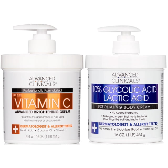 Crema corporal iluminadora con vitamina C de Advanced Clinicals + loción exfoliante con 10 % de ácido glicólico y ácido láctico AHA, juego de 2 piezas para el cuidado de la piel para mujeres y hombres