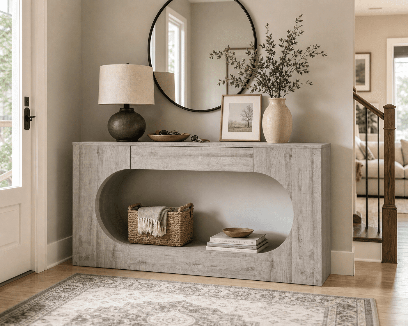 Mintazer Wood Grain Console Table with Drawer, 63"W Oval Hollow Frame Narrow Entryway Accent Table for Hallway,Living Room, Stairside, Grey