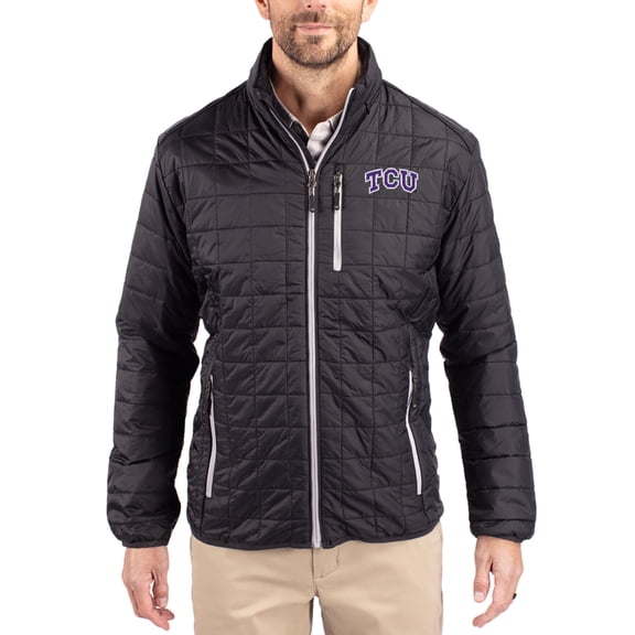 Men's-Cutter & Buck  Black TCU Horned Frogs Rainier Eco Insulated PrimaLoft Full-Zip Puffer Jacket