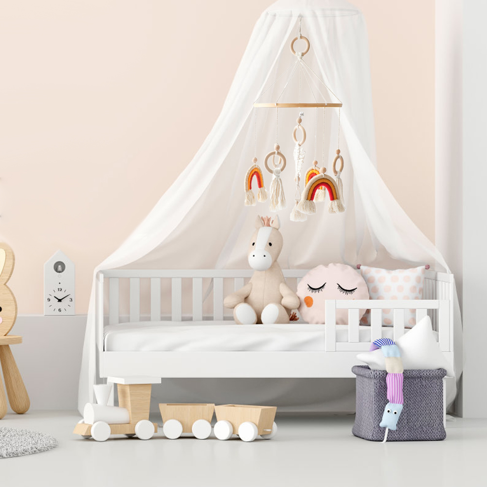 Rainbow Crib Bell – Baby Bed Hanging Wind Chime with Tassels & Wooden Rings, Rotating Swaying Bell for Newborn, Infant Sensory & Nursery Room Decoration