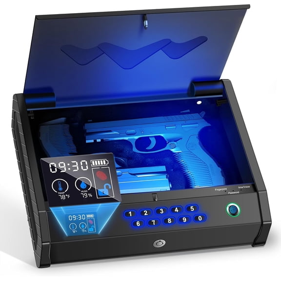 Gun Safe, Biometric Gun Safes for Handgun with LCD of Temp Humidity Battery, USB-C Port, Fingerprint Quick Access Pistol Safe for Home Bedside Nightstand Car