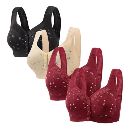 Tao Tao 4 Pack Daisy Bras For Women Front Button Snaps Closure Wireless Cotton Bra For Seniors Sports Bra Push Up Bra Wire Free Bras Breathable Bras Black 4XL