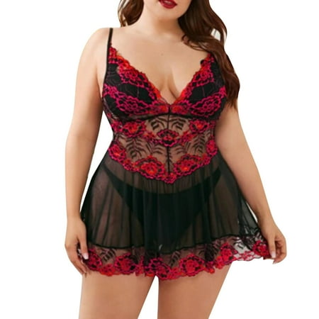 Yuhangmm Womens Plus Size Lingerie Lace Chemise Sexy Mesh Sleepwear Deep V Teddy Nightdress For Sexy Lingerie