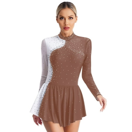 Moggemol Women Sparkly Rhinestone Figure Skating Dance Dress Long Sleeve Ballet Majorette Dance Brown XXL