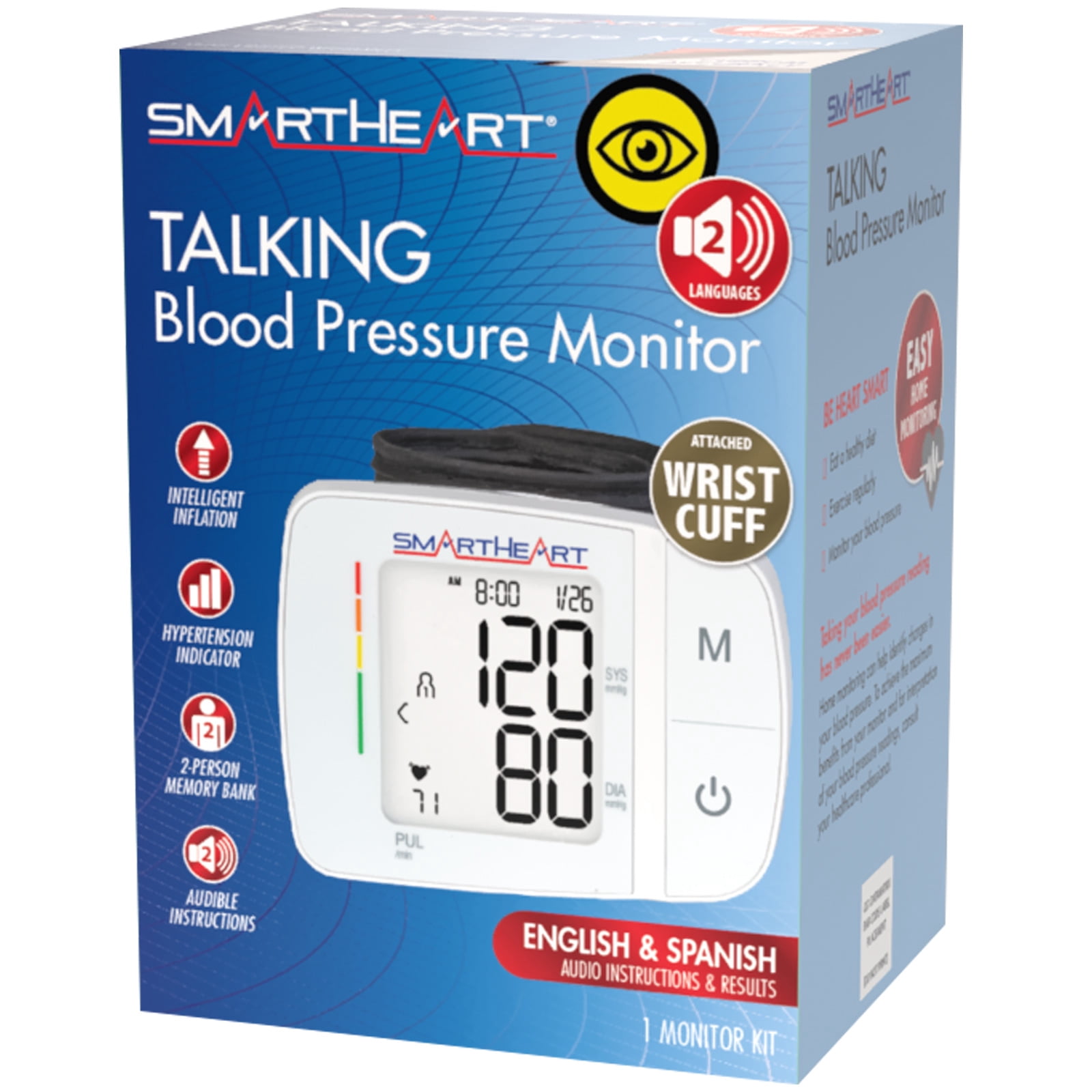 SmartHeart Blood Pressure Monitor | Adult Wrist Cuff | Audible English Spanish Instructions and Results for Visually Impaired | 2-Person Memory